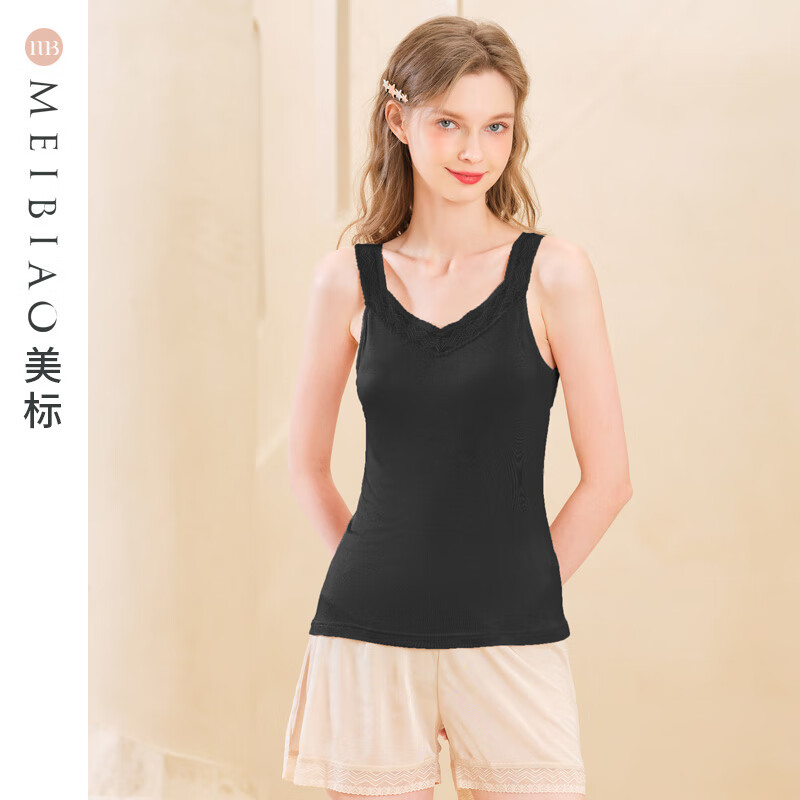 美标女士春夏针织蚕丝基础打底无袖背心简约舒适修身内搭上衣 黑色 L