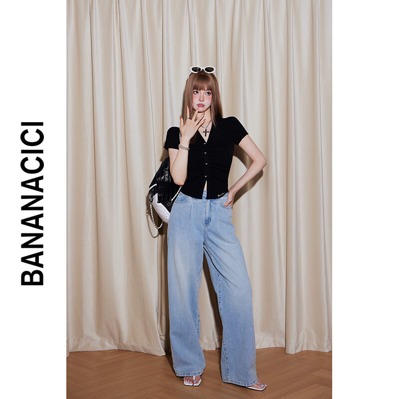 banana cici2024年初秋新复古辣妹风款缩褶百搭V领短袖针织开衫C243MY020 黑色 S