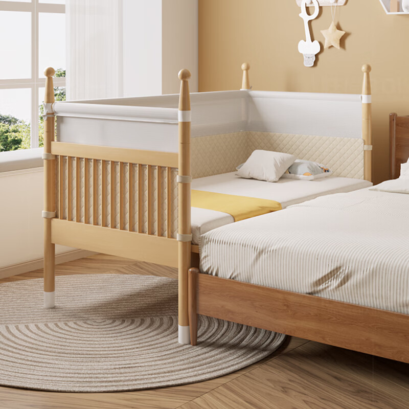 枫眠 儿童床拼接床婴儿床带护栏边床婴幼儿床男女孩床 进口榉木 床+小熊床围+5cm椰棕床垫 180cm*60cm（外径)
