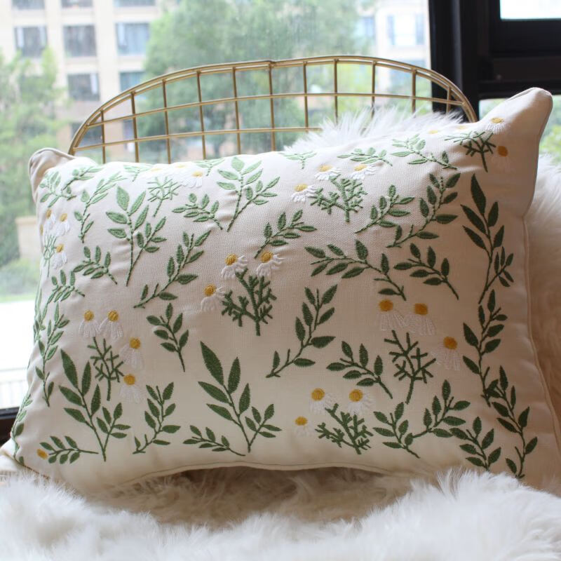 優(yōu)只美式田園風(fēng)抱枕碎花刺繡花抱枕套不含芯客廳沙發(fā)靠墊飄窗床頭靠枕 綠40x60cm 米色包邊米色棉布 單面刺繡枕套+芯