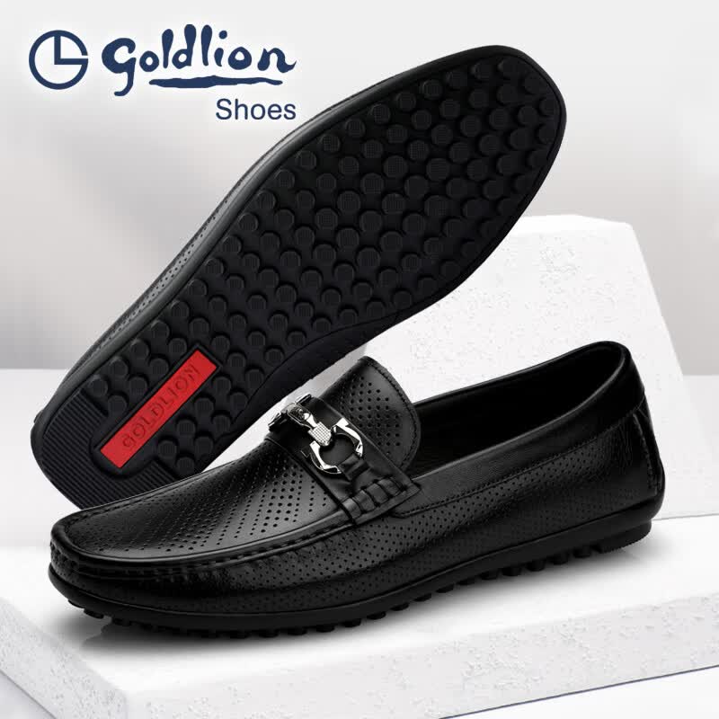 金利来(Goldlion)凉皮鞋男 夏季冲孔男士豆豆鞋 圆头镂空休闲凉鞋 软皮套脚乐福鞋 黑色 42