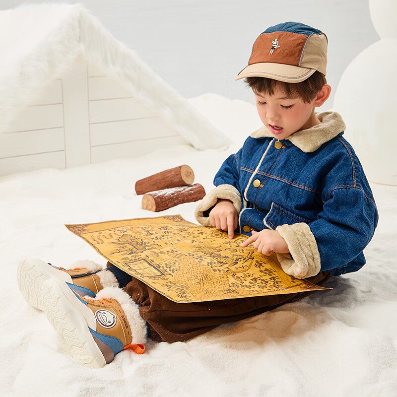 B.Duck小黄鸭童鞋男女童雪地靴加绒冬季儿童棉鞋保暖宝宝 棕米蓝 30 码 适合脚长18.2-18.7cm