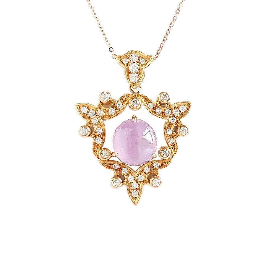 99新】au750黄金镶钻镶天然星光红宝石 热情 勇敢 三角花环形吊坠项链