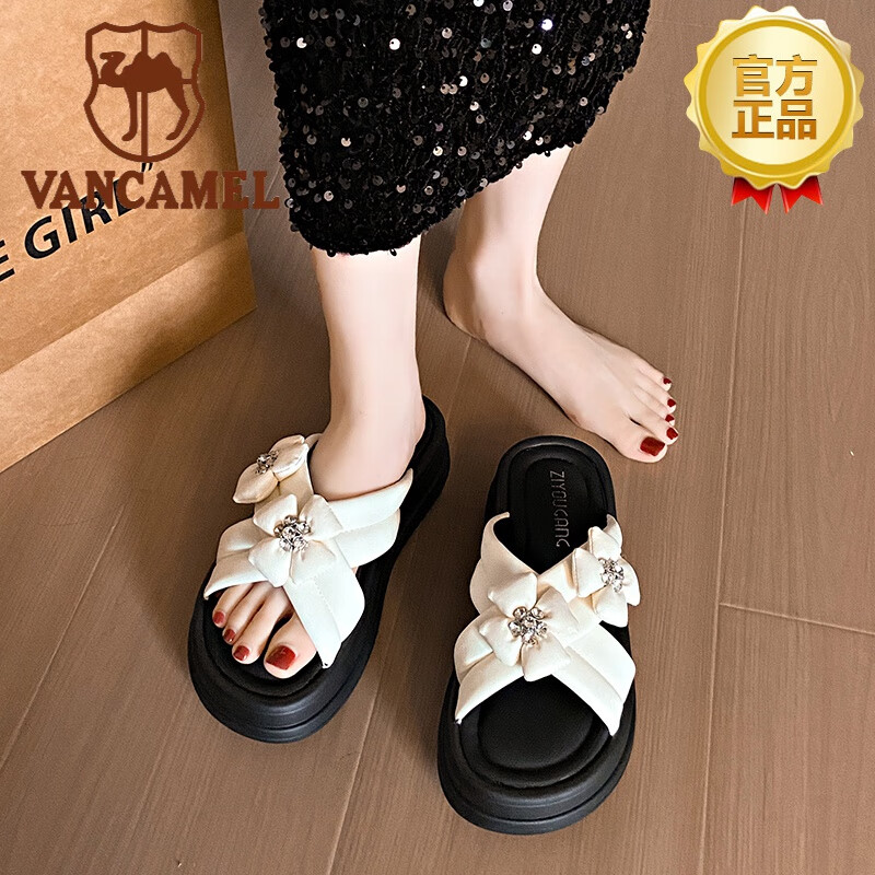 西域骆驼(vancamel)品牌女士一字拖鞋厚底2024年新款夏季外穿花朵一字