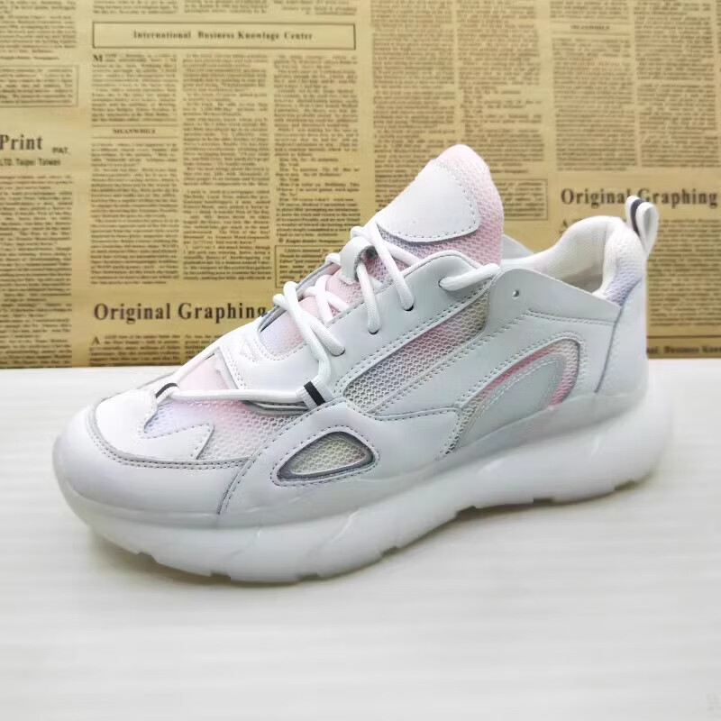 爱步蝶爱e撤柜头层牛皮吸墨底网纱透气防滑休闲老爹鞋运动女鞋 粉色偏