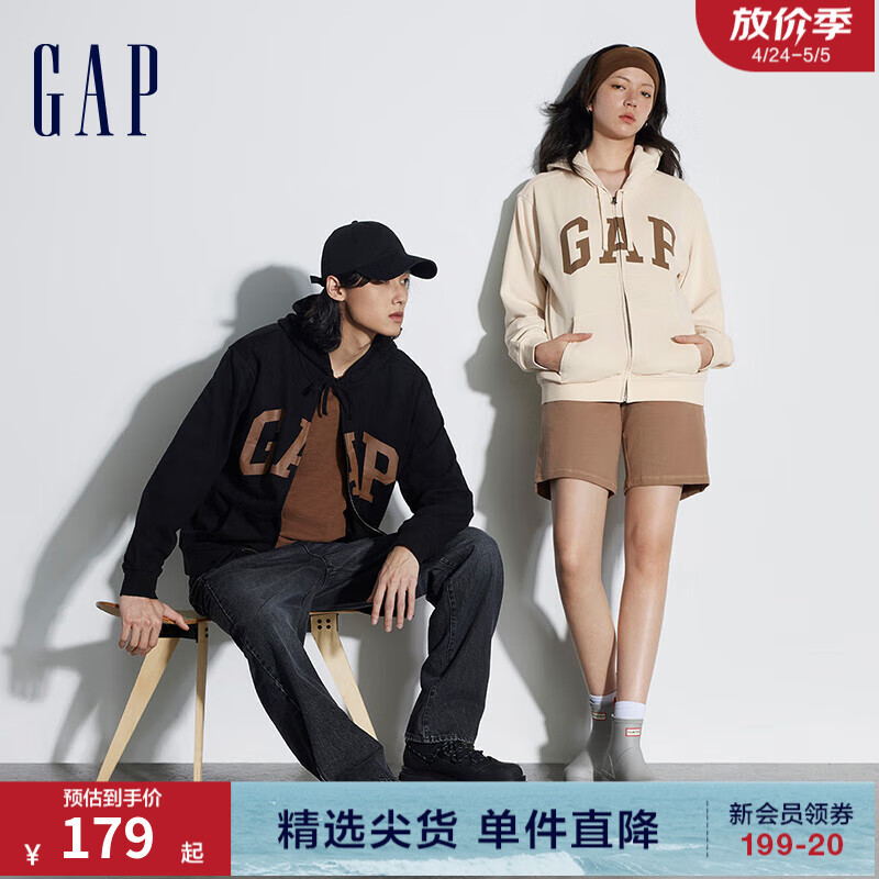 Gap男女装春季2024新款LOGO美式复古法式圈织软卫衣外套892182 黑色 170/92A(M)亚洲尺码