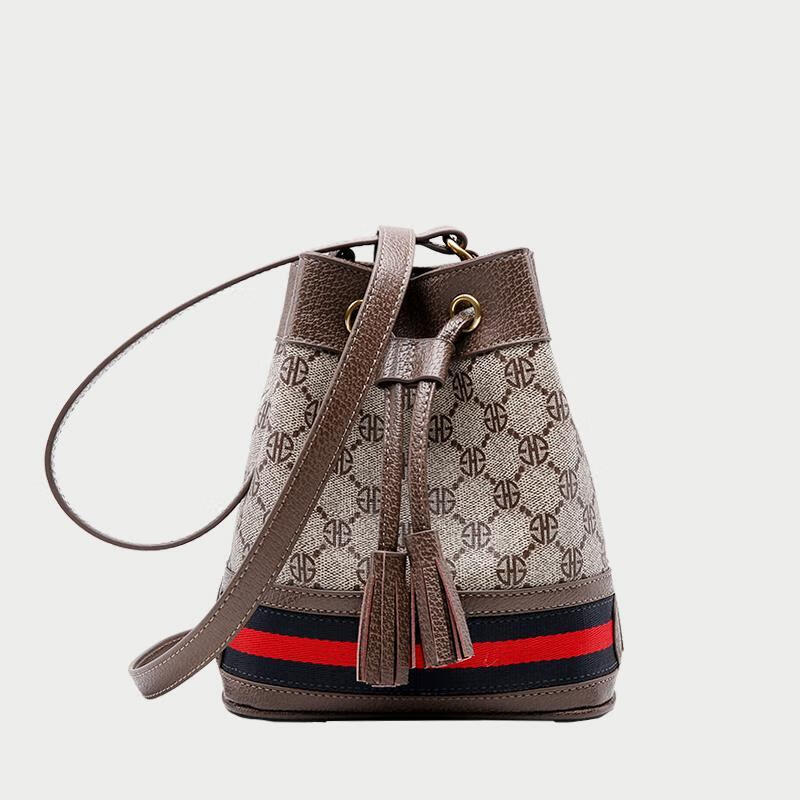 kuqidaishu酷奇官网品牌旗舰轻奢真头层牛皮女包新款撞色水桶包印花