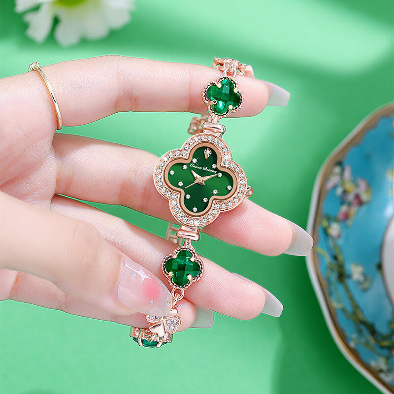 Create Road幸运四叶草女士手链式手表轻奢时尚简约镶钻学生石英送女友礼物 胭脂粉【送礼盒+手镯】