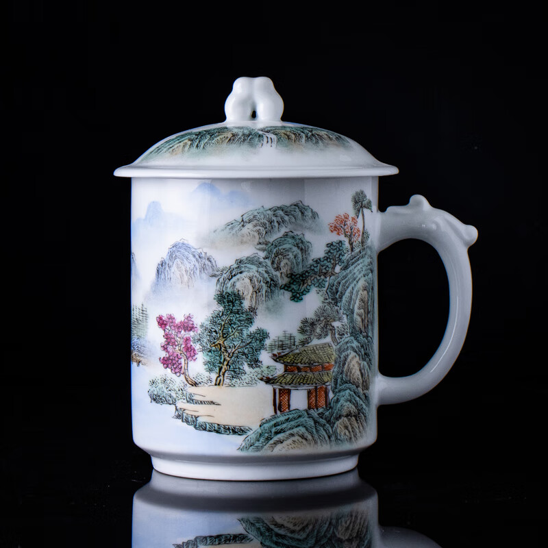 京峰阁景德镇茶具陶瓷杯子 全手工釉上彩手绘粉彩山水办公杯单杯茶杯