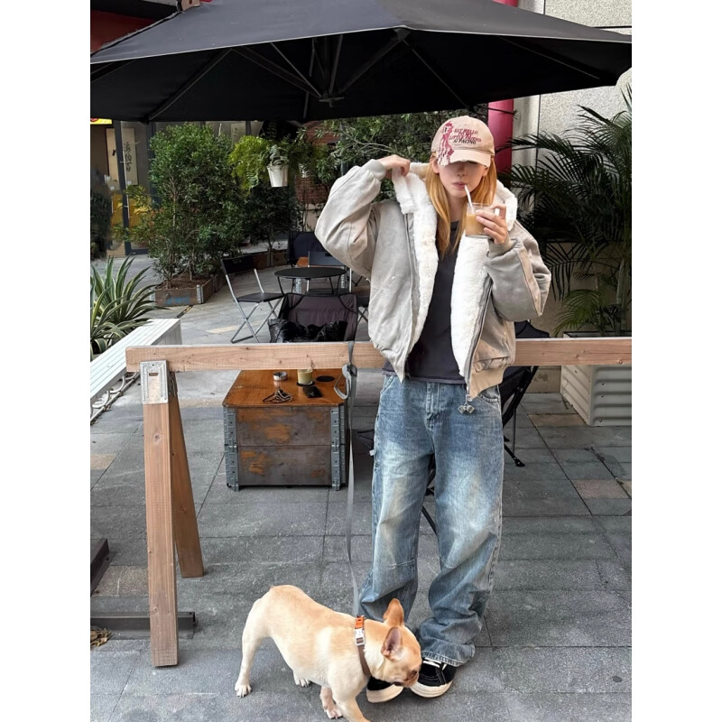 黑盒白座山雕大理石麦灰夹克男士冬季潮牌美式加绒加厚保暖情侣连帽外套 SRDD-W266大理石麦灰 加绒 XL 【135-155斤】