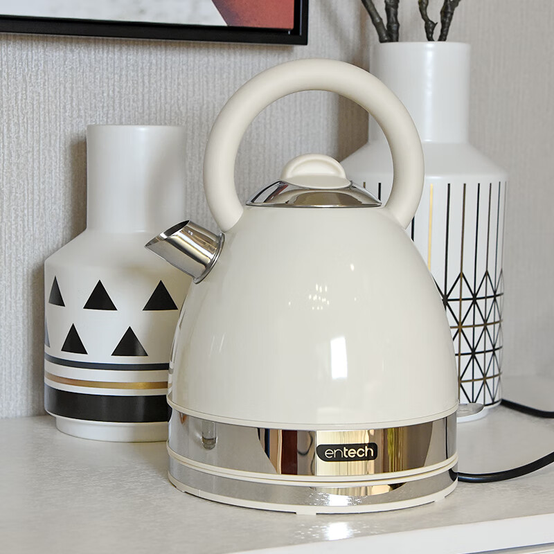 一特（EnTech）英伦复古1800W快速烧水壶家用高颜值高端电热水壶大容量分体式加厚304不锈钢电烧水自动断电防干烧 1.7L 线上款-奶油白（无水窗）