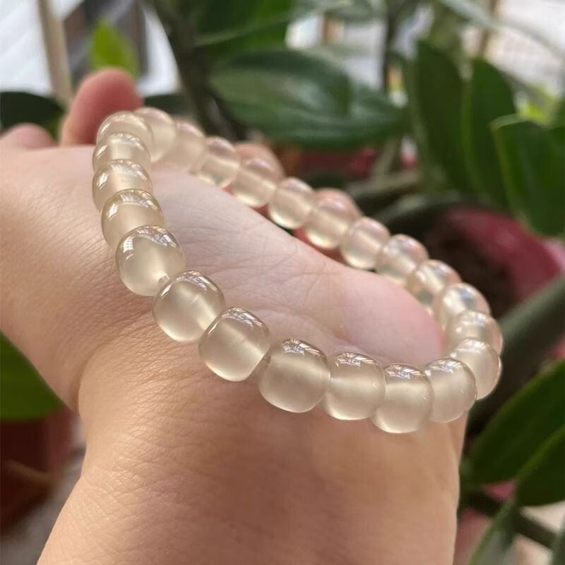 she高冰种玉髓手链香槟金色马料小红书同款白月光玛瑙桶珠手串 手串9*