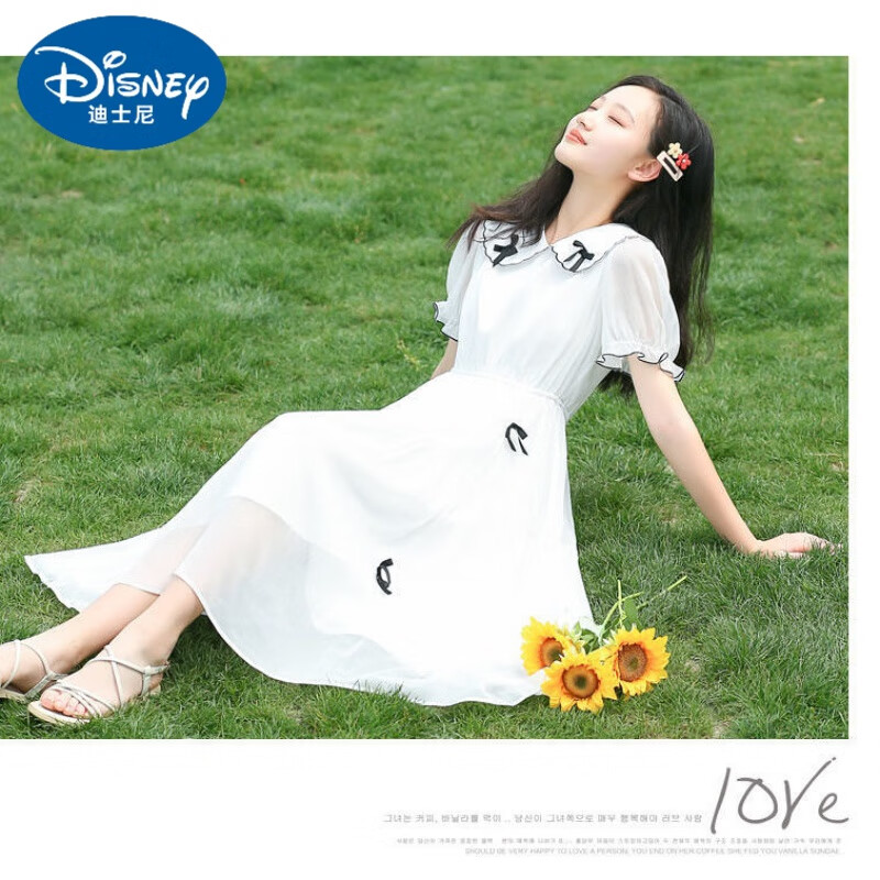 迪士尼（Disney）少女蝴蝶結(jié)連衣裙夏季高中初中學(xué)生夏裝雪紡紗裙公主長裙子過膝蓋 白色 M 90-100斤