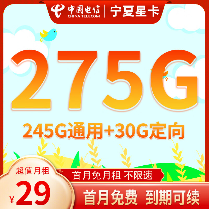 中国电信 宁夏星卡 首年29元月租（275G全国流量+100分钟通话）就近发货