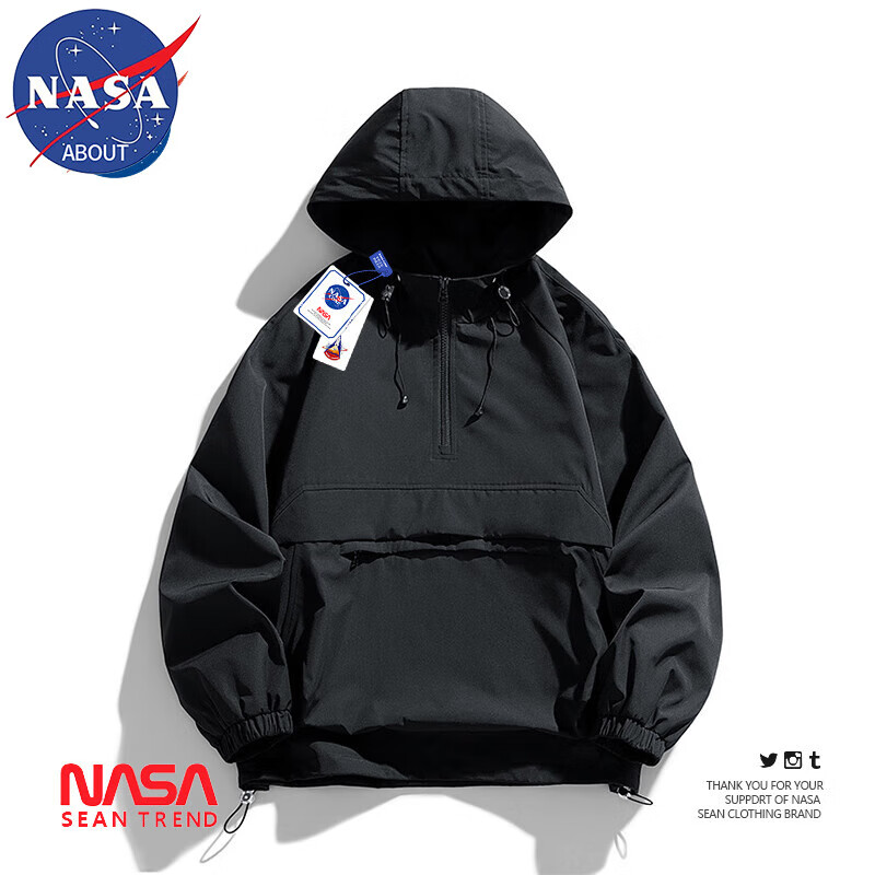 NASAABOUT官方聯(lián)名黑武士半拉鏈套頭沖鋒上衣外套男春秋款美式潮牌工裝夾克 黑色 M