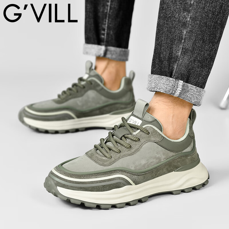 贵之步秋冬季复古男鞋软底新款休闲鞋增高缓震厚底防滑舒适运动鞋男款 豆绿 G005 43 （运动鞋码）