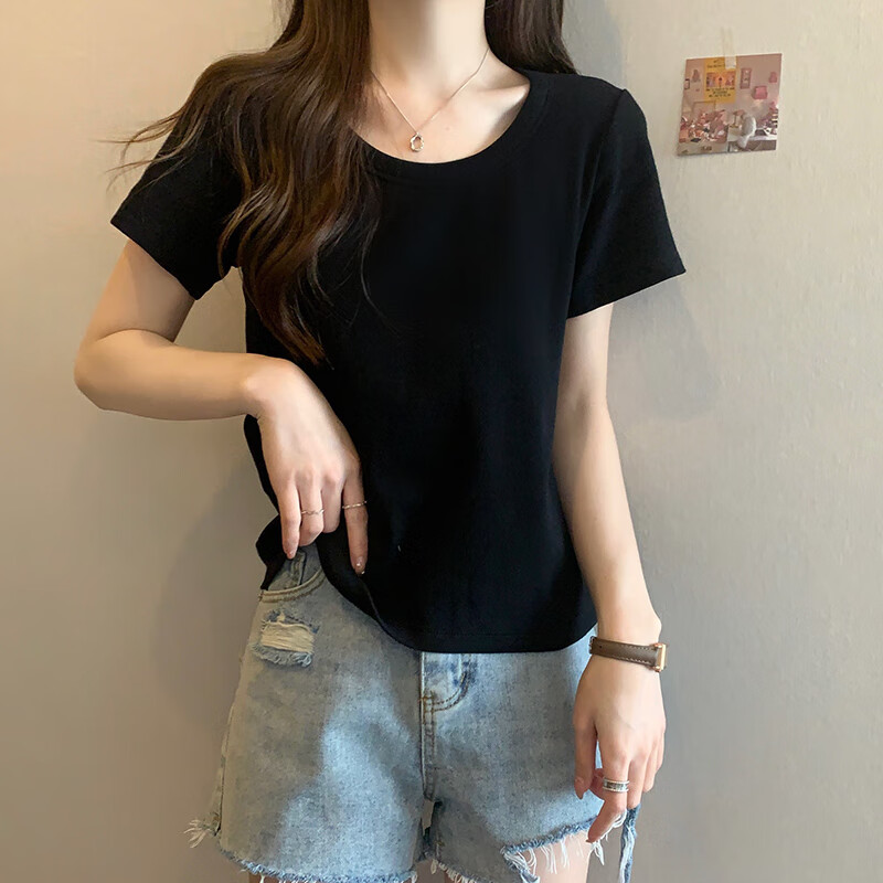 微胖的女生穿的衣服女装u领遮肚子短袖t恤打底衫女夏装妹妹显 黑色 m