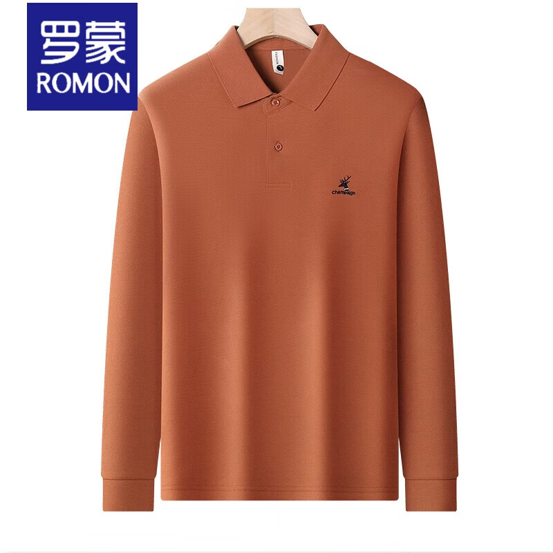 罗蒙(ROMON)2024秋季新款纯棉长袖t恤男翻领加绒保暖上衣男装体恤打底polo衫 24549-咖色 XL 【建议140-160斤】