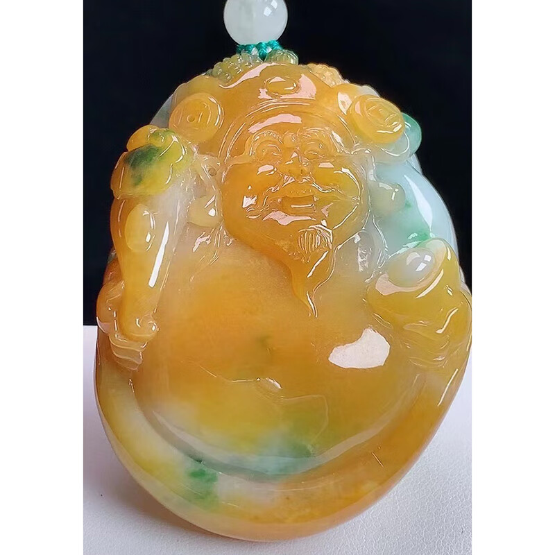 心偶玉 翡翠冰黄翡财神吊坠 缅甸a货翡翠送礼男款尺寸61.3/46.4/22.