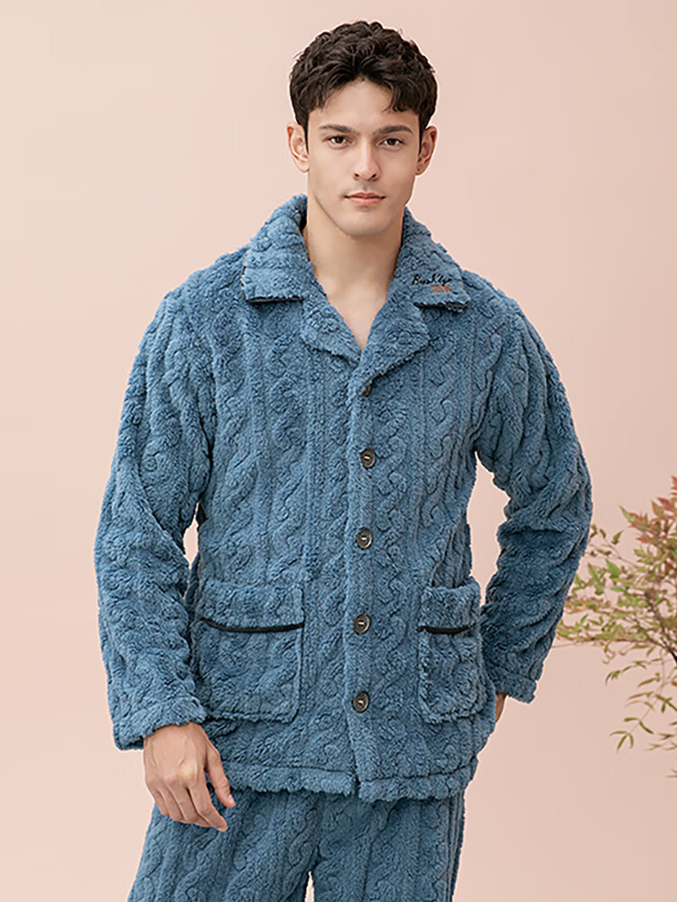 玛伦萨（manza）暖绒睡衣男士套装冬季新款质感纹理加绒加厚长款家居服保暖 牛仔蓝 L