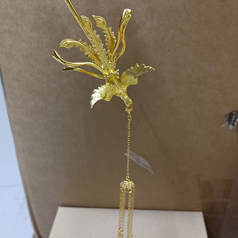 暮婉黄金新中式色凤凰女步摇流苏簪子复古国风婚嫁凤钗 凤凰发簪一支