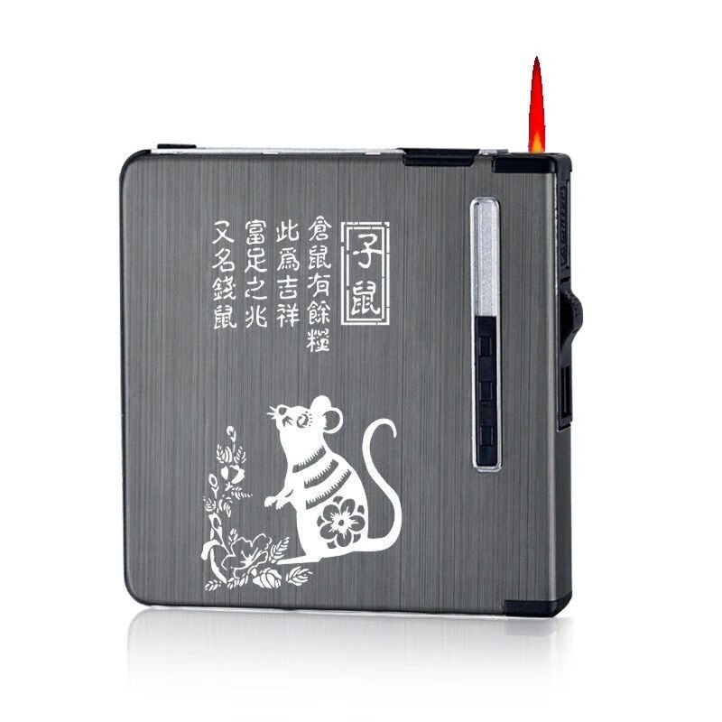 煙盒充電煙盒帶打火機(jī)一體20支裝 usb充電打火機(jī)鋁合金自動(dòng)彈煙盒 20支 國(guó)潮生肖子鼠A 充電(20支裝)