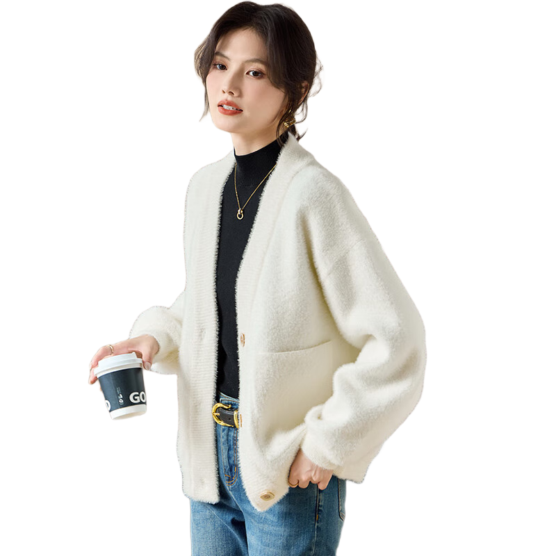 她享2024秋冬針織開衫女毛絨外套毛衣開衫V領(lǐng)厚針織上衣T144Z3008