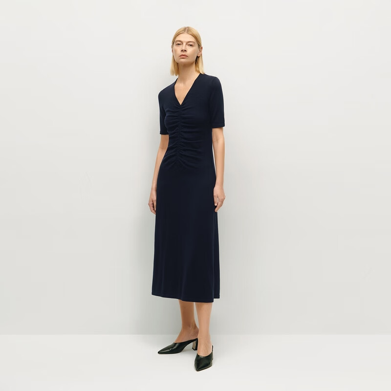 OVV【孙俪同款】2024秋冬新款女装丝毛混纺V领短袖连衣裙 藏青 M