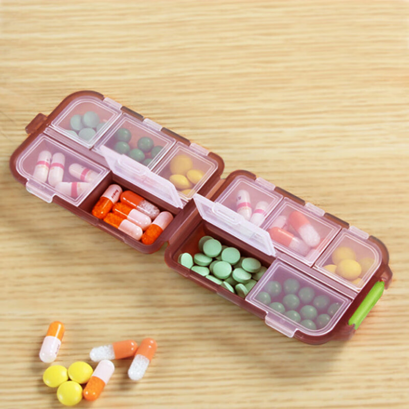 班哲尼 便携式药盒日本迷你10格小药盒便携式收纳盒薬盒药品盒一周旅行随身药片药丸分装药盒子 咖啡色