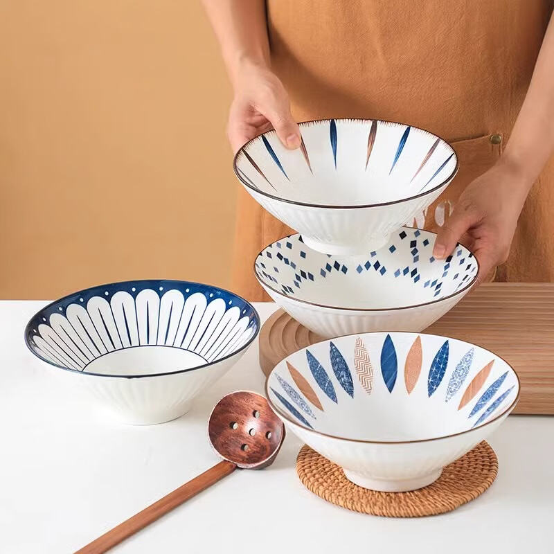 几物森林面碗家用碗陶瓷大碗高级感喇叭碗汤碗大号高脚碗斗笠碗釉下彩餐具 芊草8英寸斗笠碗4色随机