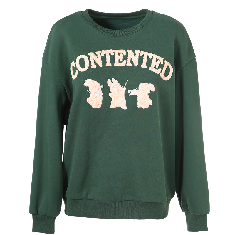 百图betu女装冬季新款卫衣毛巾绣花宽松绒感落肩袖卫衣女2412T15 墨绿 XS