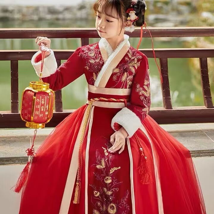 狮奥利兴披风斗篷汉服加厚套头儿童女童古装拜年服冬天中国风宝宝过年