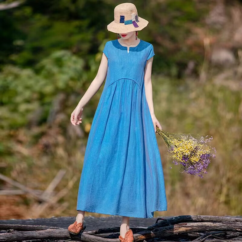 民族风棉麻连衣裙春夏女装中长款文艺复古气质纯色长裙子女潮 湖蓝色