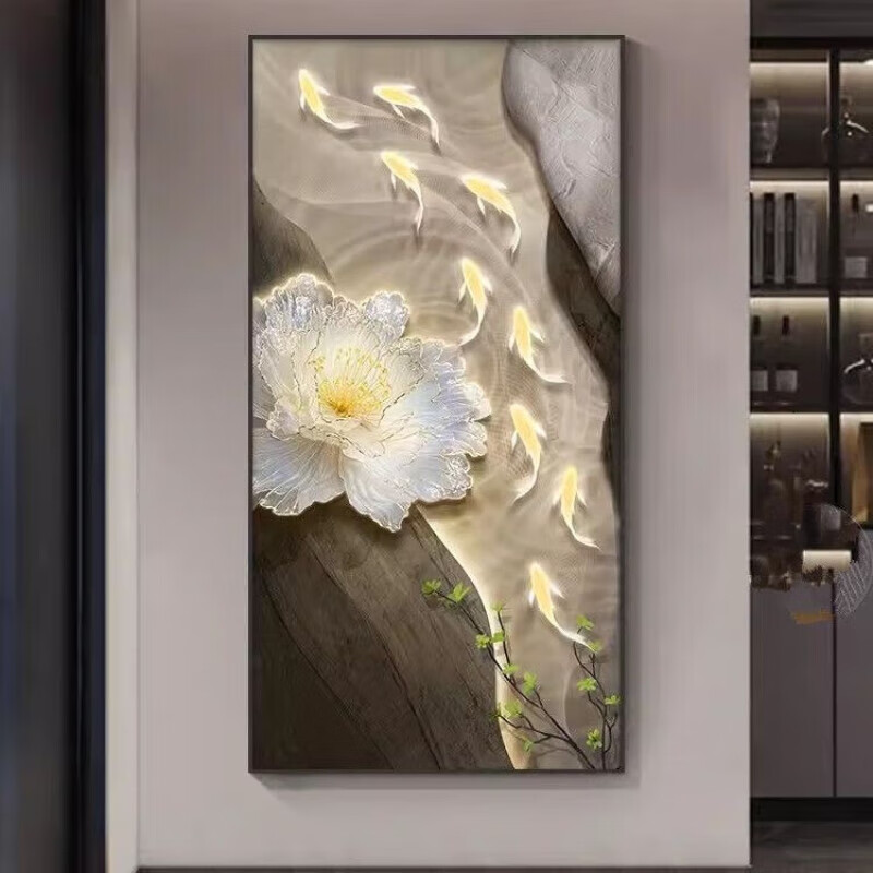 现代轻奢入户玄关装饰画好运锦鲤高档客厅走廊过道挂画背景 富贵有鱼-D款 100*200 黑色铝合金带灯（插电+遥控）