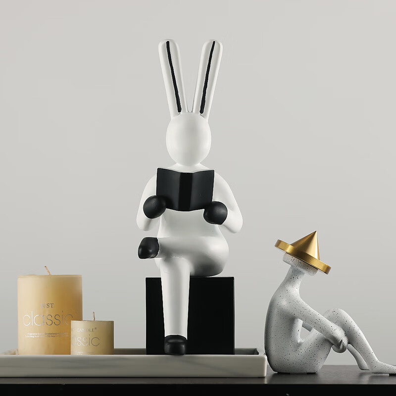 裕谷现代简约轻奢创意摆件抽象艺术雕塑办公室卧室桌面家居橱窗摆设  大号看书兔子（白色）
