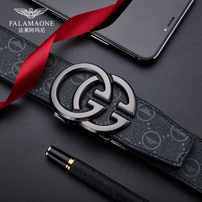 法莱阿玛尼(FALAMAONE)男士皮带男真皮自动扣腰带牛皮商务休闲裤带生日情人节礼物送男友 枪色/PD823【专柜礼盒】 110cm -130cm默认随机(可修剪)