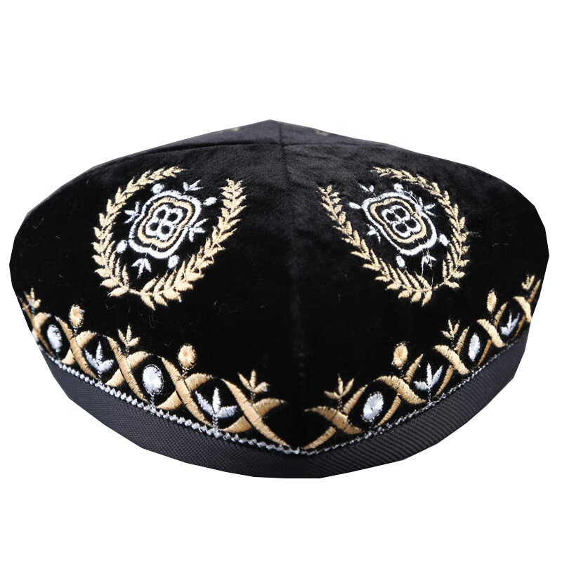 族帽子男士新疆花帽花帽四角折叠绣花头饰维族成人帽民族舞 黑色麦穗