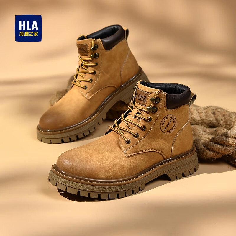 海澜之家马丁靴男潮流男鞋户外情侣款百搭防寒登山高帮工装大黄靴子男T121 土黄色-男款 39