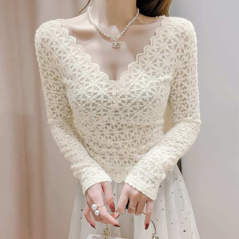 逸系打底衫女可外穿黑色低胸v领蕾丝打底衫女秋冬款加绒保暖短款内搭