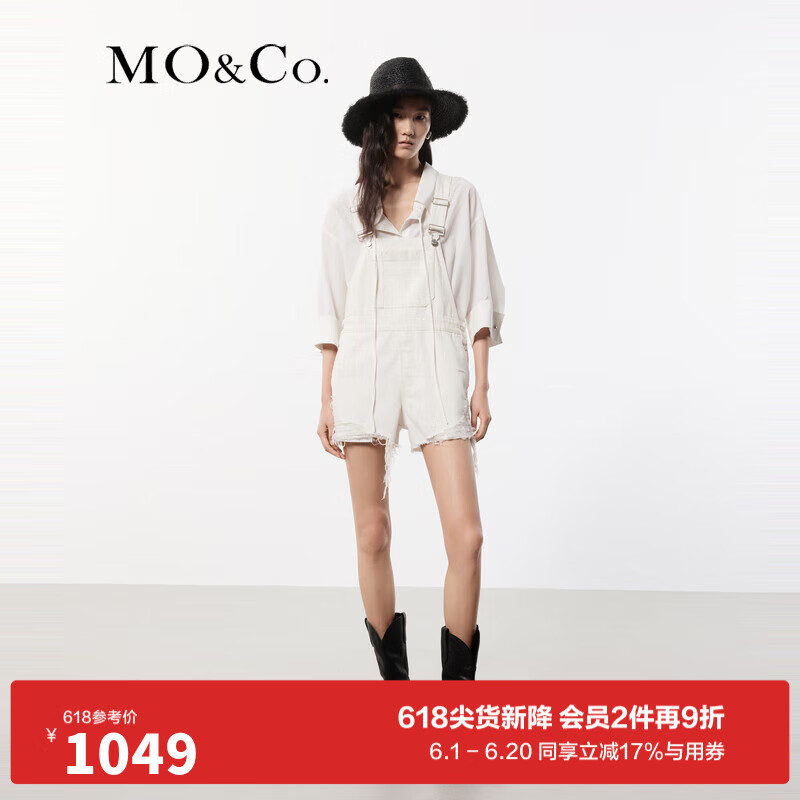 MO&Co.2024夏新品棉质白色破洞牛仔短裤背带裤连体裤MBD2JPST51 牛仔白色 M/165