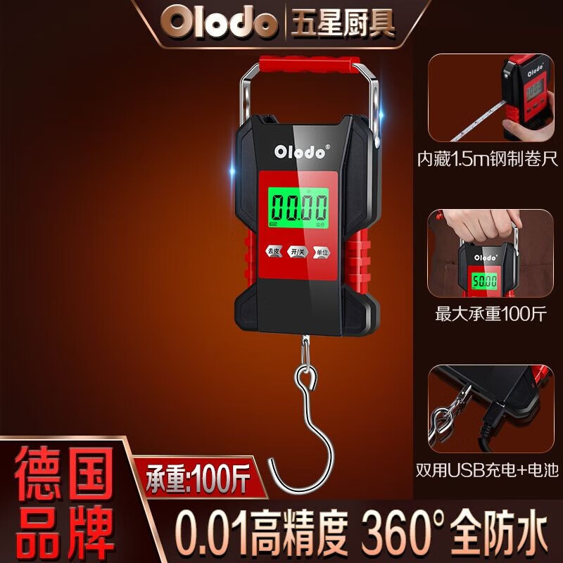 歐樂多（Olodo）德國防水手提秤便攜手提電子秤彈簧秤高精度掛秤吊鉤秤行李快遞秤 防水【充電+電池】50kg0.1g