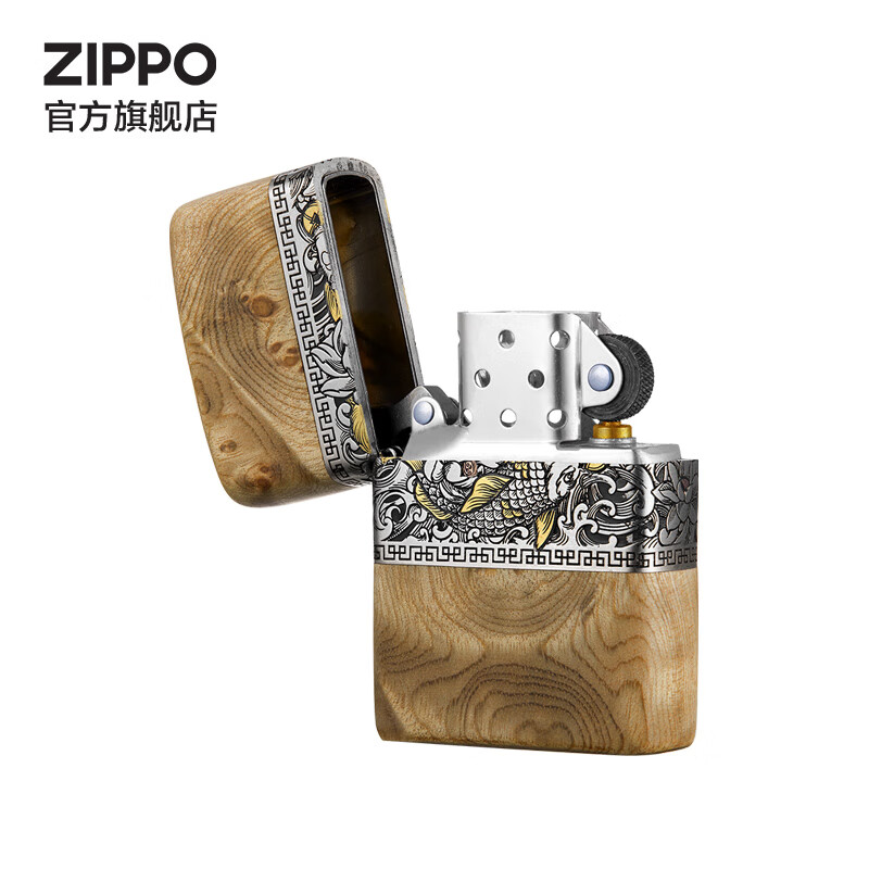 ZIPPO打火机官方旗舰店正品520送老公礼物鱼跃龙门顺风顺水告白礼物送 鱼跃龙门-黄金樟木133ml含石含线黑色套装