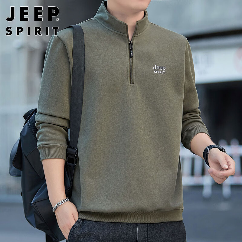 JEEP SPIRIT吉普衛(wèi)衣男士春秋季半拉鏈重磅長(zhǎng)袖T恤男刺繡衣服 軍綠 XL 