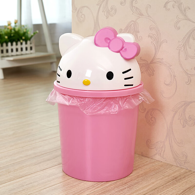 冠临乐创意可爱卡通猫家用桌面垃圾桶客厅卧室卫生间有盖纸篓加厚 摇盖式 大号粉色可爱猫(较大) 8L