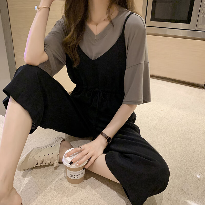 零虹夏天小个子微胖女人穿的衣服矮个子穿搭套装胖妹妹遮肚显瘦背带装