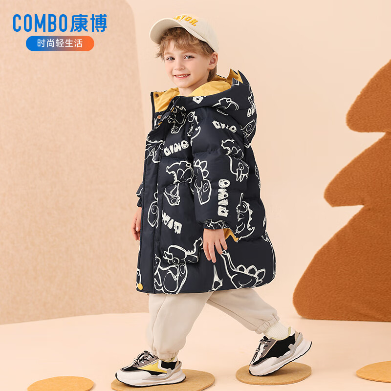 康博儿童男童羽绒服2024新款冬季小童洋气卡通宝宝加厚中长款童装外套 藏青色 140 京东折扣/优惠券