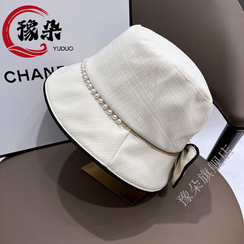 豫朵渔夫帽女春夏新款网红蝴蝶结珍珠帽子日系平顶时尚百搭盆帽 珍珠