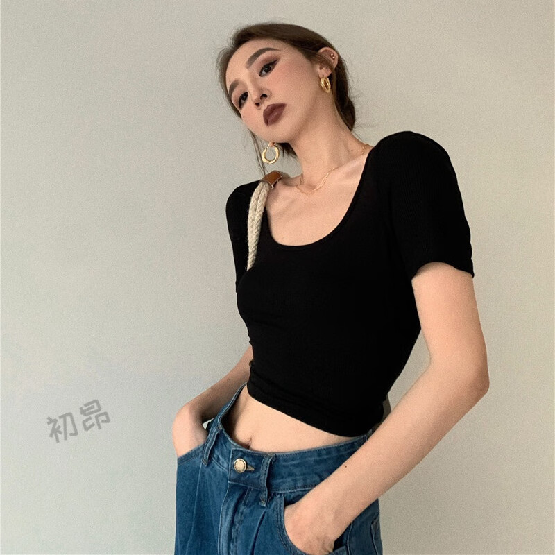 矢向晒背专用上衣短袖女式短䄂T恤衫夏季大码设计感小众性感露背 黑色 S 建议85斤-92斤