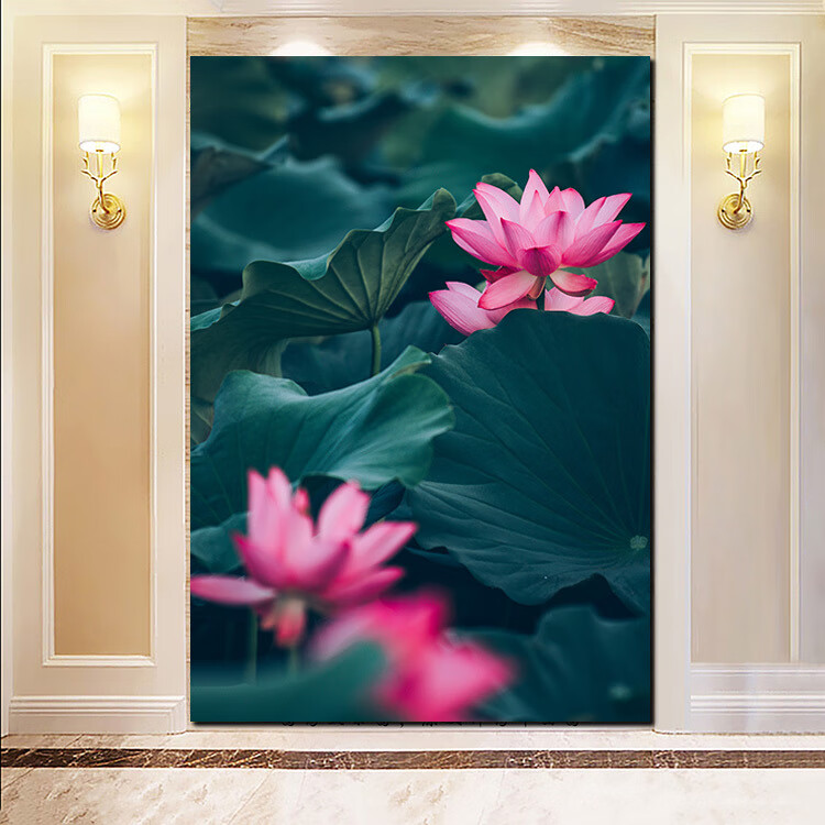 荷花玄关装饰画壁纸风景走廊过道植物墙画进门入户竖版挂画墙贴图