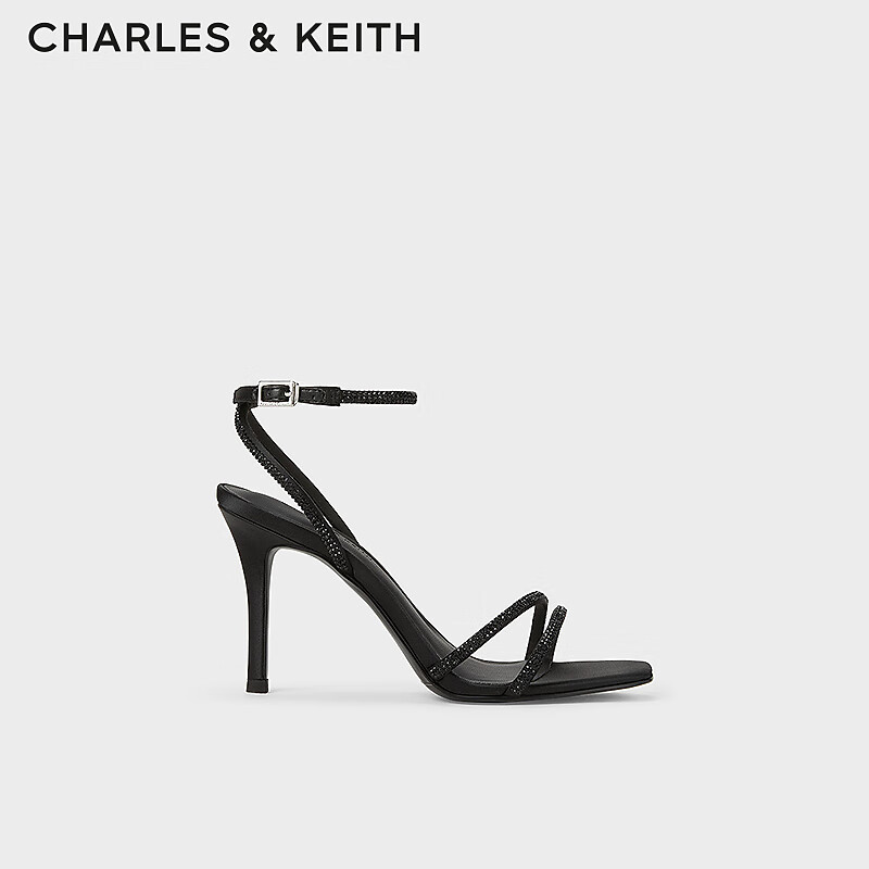 CHARLES&KEITH24春季新品法式亮钻一字带高跟凉鞋女CK1-60280423 BLACK TEXTURED黑色纹理 39